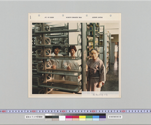 書庫にいる保坂都先生と図書館員2名　昭和55年10月